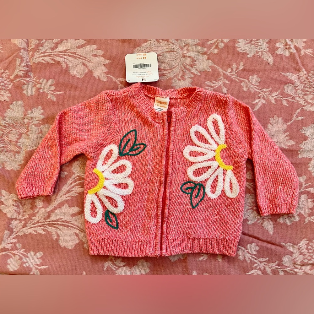 NWT GYMBOREE cotton sweater with floral chenille embroidery, zippper closure